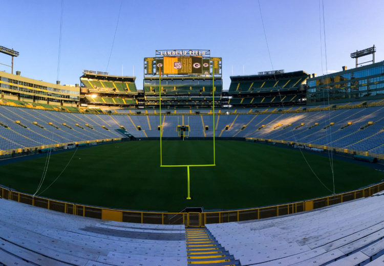 Lambeau Field lit up at night in Green Bay, Wisconsin
