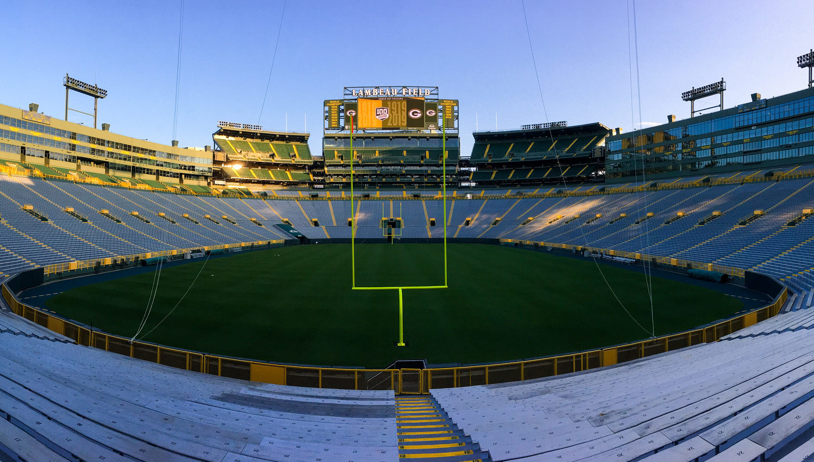 Lambeau Field lit up at night in Green Bay, Wisconsin